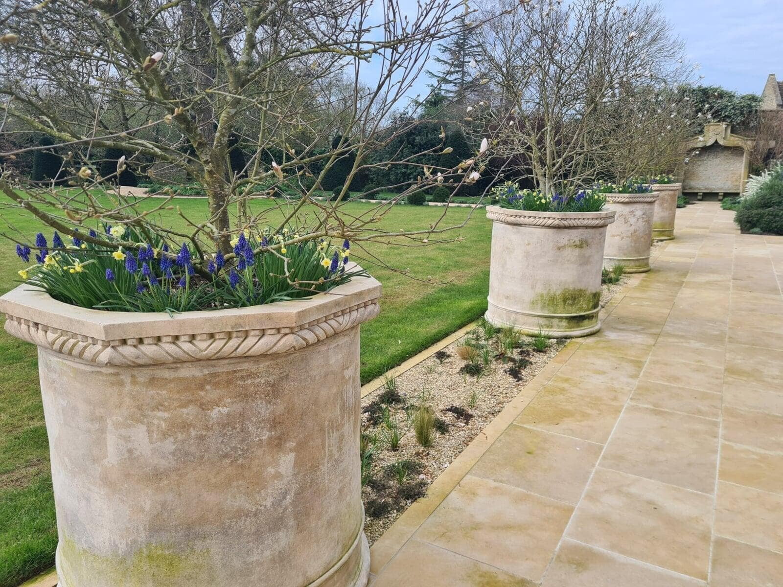 Planters with drip irrigation in place on the shingle stripe