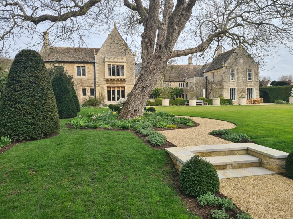 View of the main residential building after finished landscaping and irrigation installation