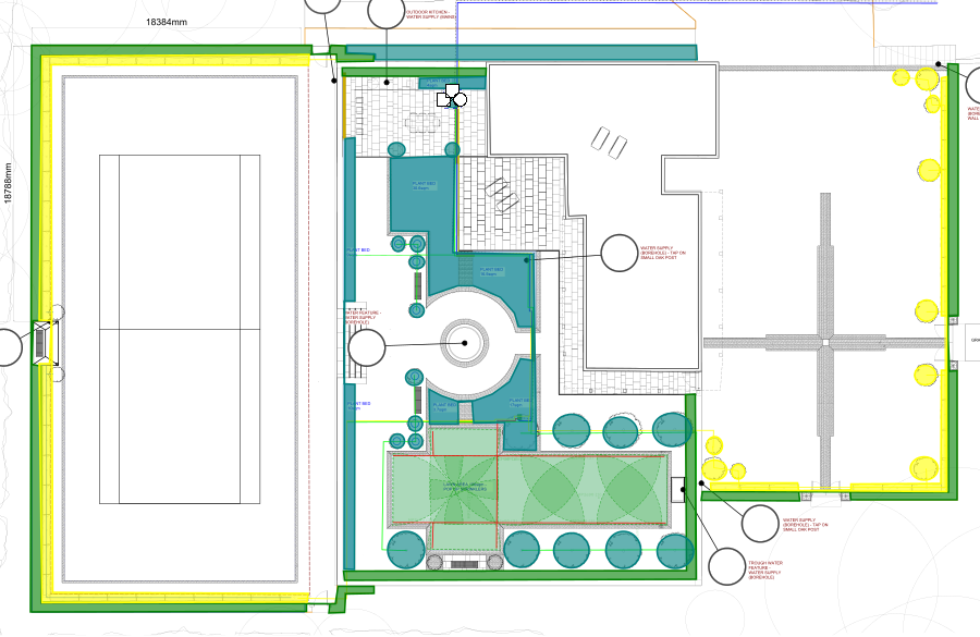 Irrigation design of the new rest area including lawn popups and dripline for beds and hedges