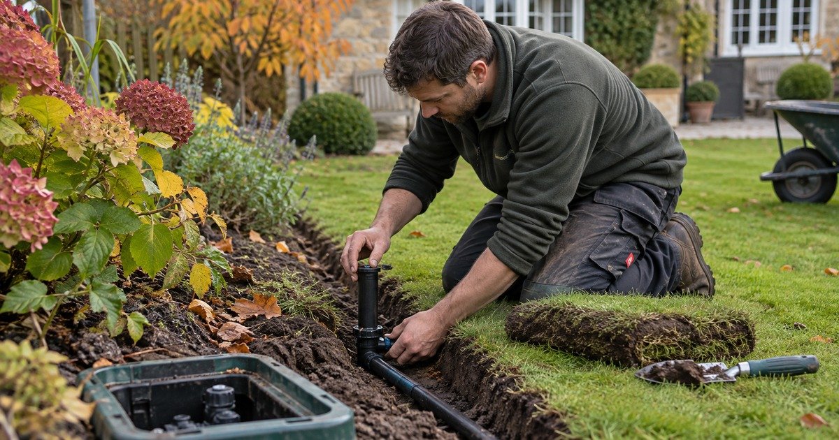 Why Autumn Is a Great Time for Irrigation System Installation 1 Garden professional installing a sprinkler system beside a lawn in autumn.