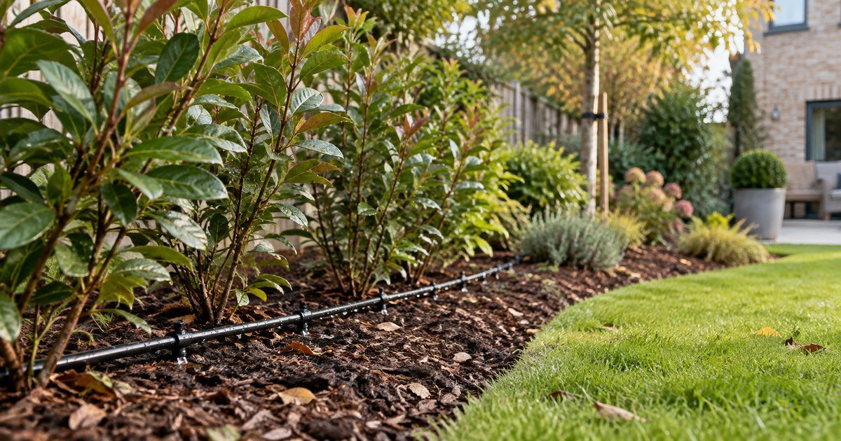 Irrigation Systems for Newly Planted Gardens: Helping New Plants Establish 1 Drip irrigation watering newly planted shrubs in a British garden.