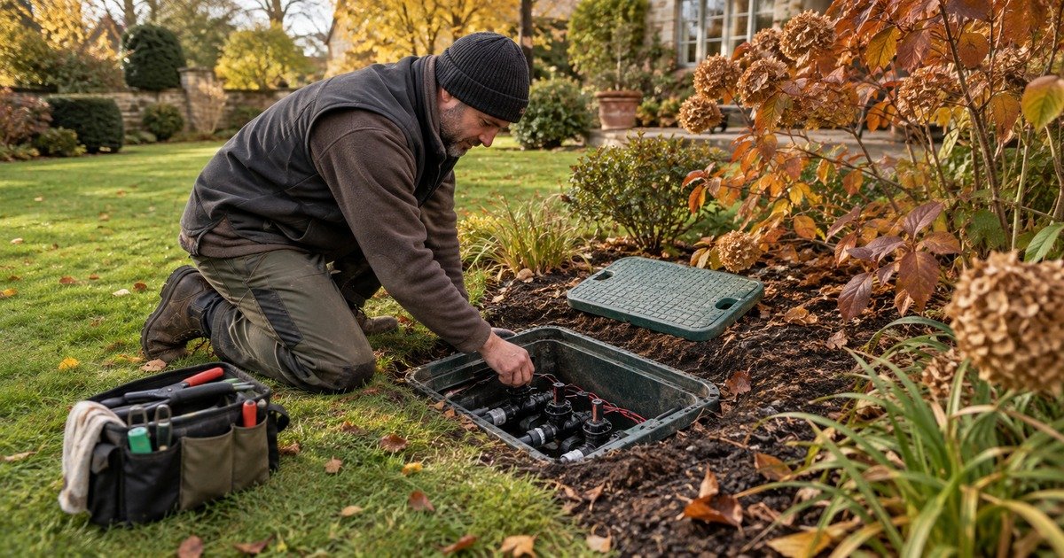 Technician checking an underground irrigation valve box during autumn system winterisation.