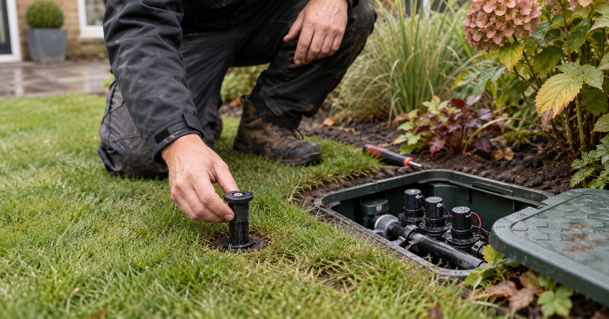 Irrigation technician checking a pop-up sprinkler head during garden maintenance