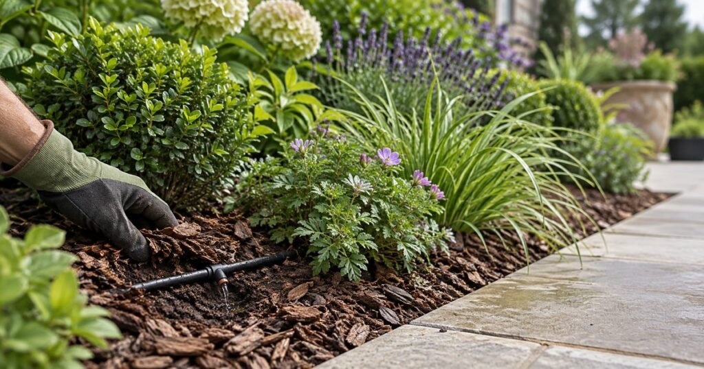 Discreet Irrigation Solutions for Premium Landscapes 1 Gardener positioning a drip irrigation line beneath bark mulch in a planted garden border.