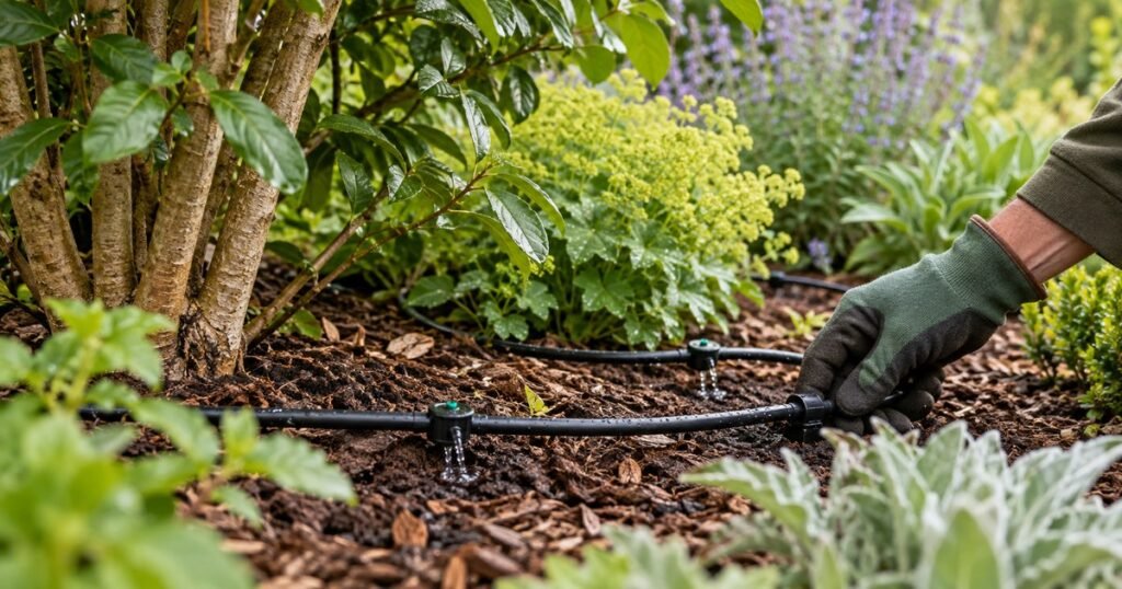 Gardener adjusting drip irrigation tubing in a mature shrub border to deliver water directly to the soil.