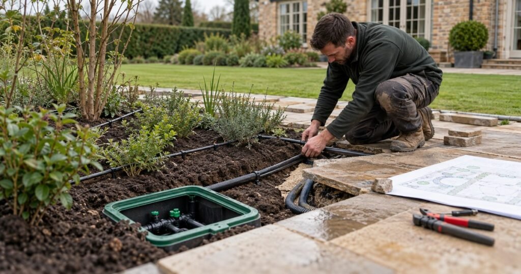 Irrigation specialist installing pipework and a valve box during a garden landscaping project.