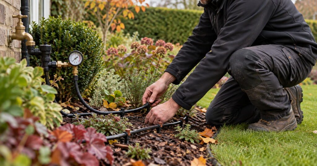 5 Signs Your Garden Needs a Professional Irrigation System 1 Irrigation specialist checking water pressure and dripline in a British garden border.